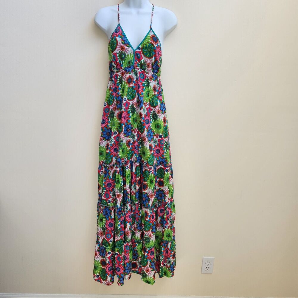 Perry Walker Dress Women's S/M Green Floral Halter Maxi Tiered Boho Cottagecore
